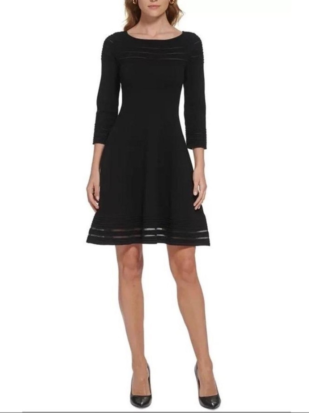 Jessica Howard Black Fit-and-Flare Dress with Sheer Stripe Accents